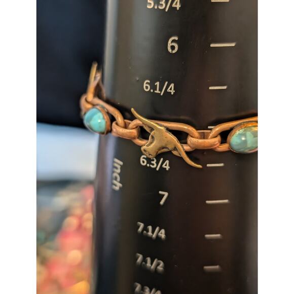 Bell Trading Post Turquoise Copper & Brass Cowboy Charms Link 7.25" Bracelet - Picture 4 of 6